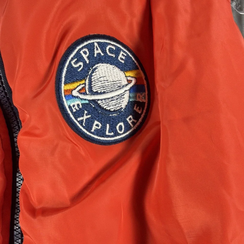 Dog Puffer Vest Orange Space Explorer NASA Rocket Ship Zip Up